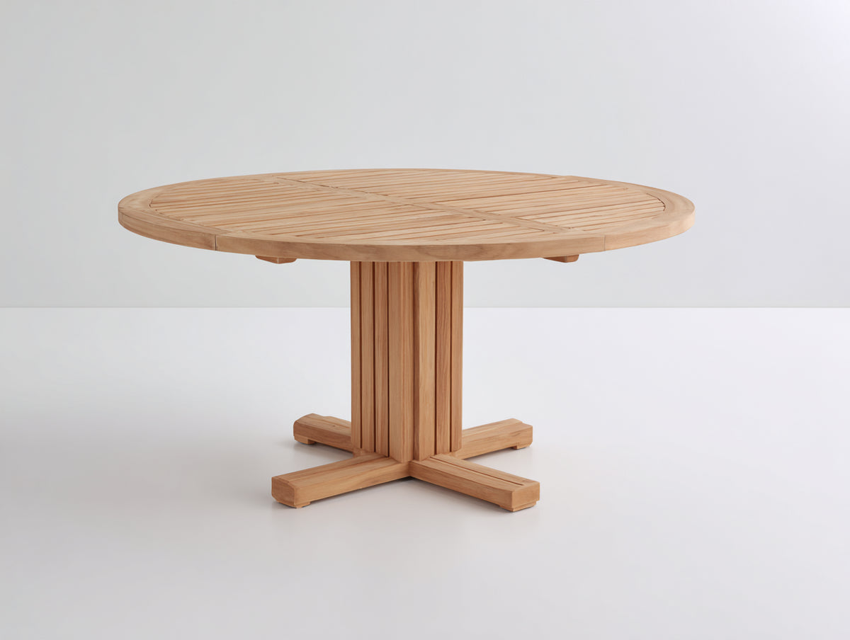 Mesas de jardín de madera maciza 120x120x76 cm - madera natural - redonda con pedestal central y base en cruz