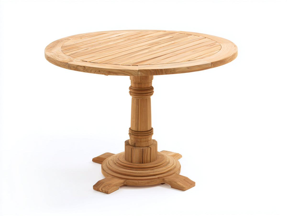 Mesas de jardín de madera maciza 120x120x76 cm - madera natural - redonda con pedestal central diseño clásico