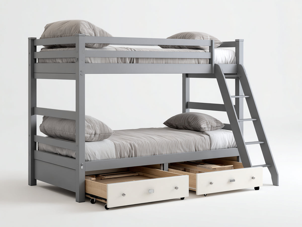 Literas de madera 205x100x170 cm - gris y blanco - 2 camas con escalera y cajones inferiores