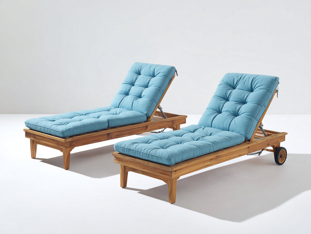 Tumbonas de madera maciza 200x70x95 cm - Azul claro-Color madera natural - Respaldo reclinable y ruedas