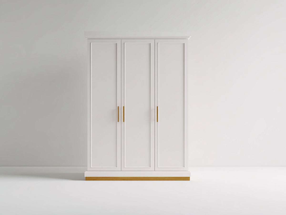 Armarios de 3 puertas en madera de ingeniería 150x55x200 cm - blanco - tiradores dorados y diseño clásico