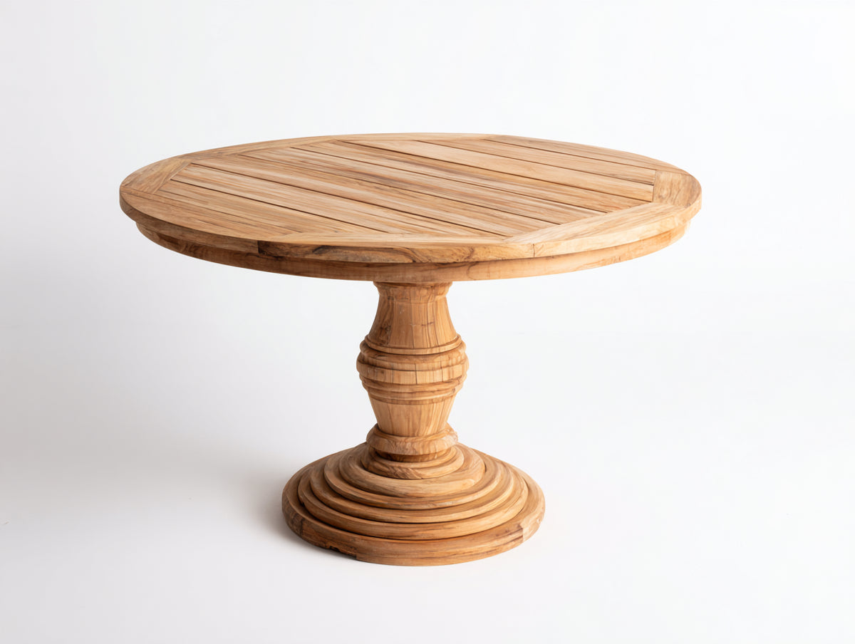 Mesas de jardín redondas de madera maciza 120x120x75 cm - Color madera natural - Base de pedestal y diseño clásico
