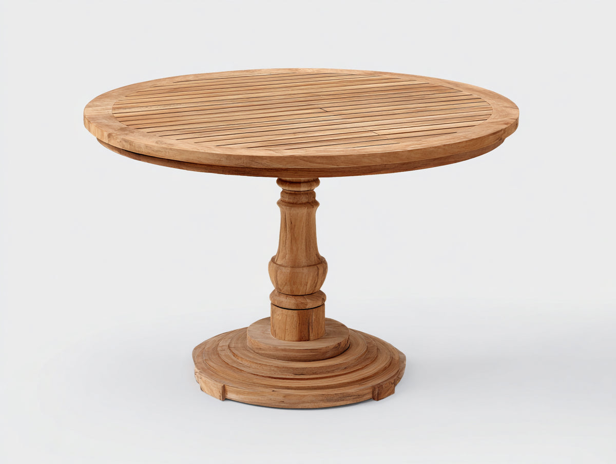 Mesas de jardín de madera maciza 120x120x76 cm - madera natural - redonda con pedestal torneado diseño clásico