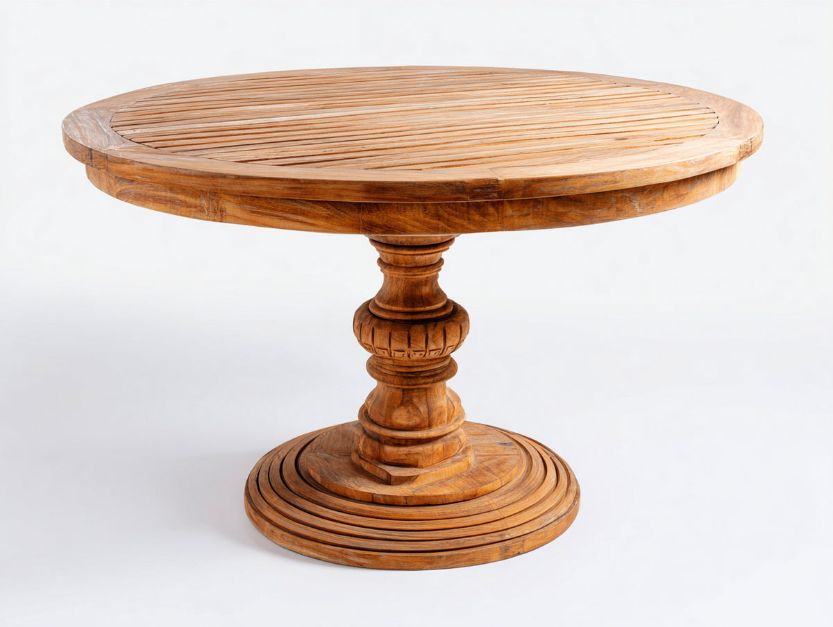 Mesas de jardín redonda de madera maciza 120x120x76 cm - teca natural - pedestal central tallado de estilo clásico