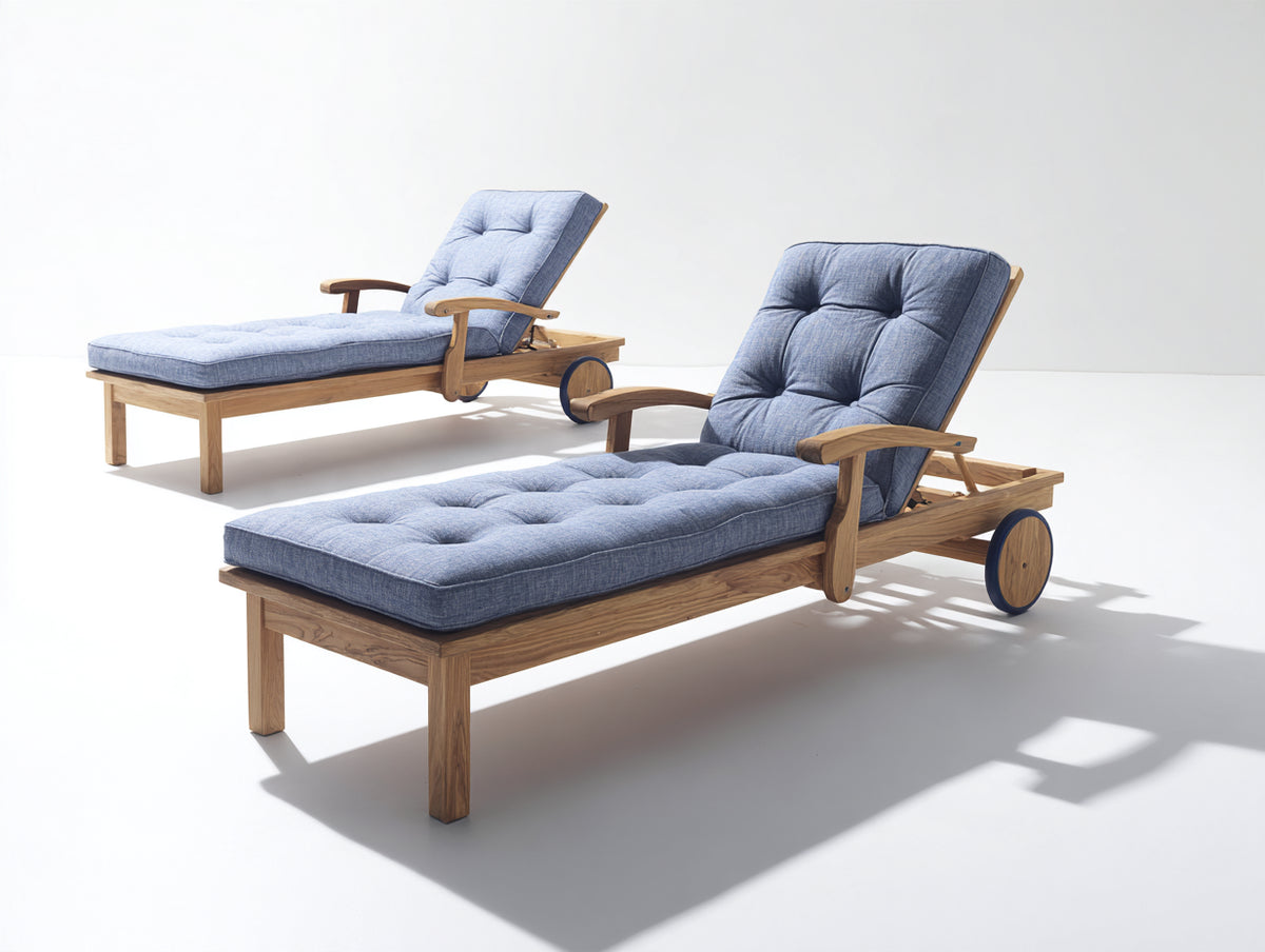 Tumbonas de madera maciza 200x70x95 cm - madera natural y azul claro - respaldo reclinable con ruedas