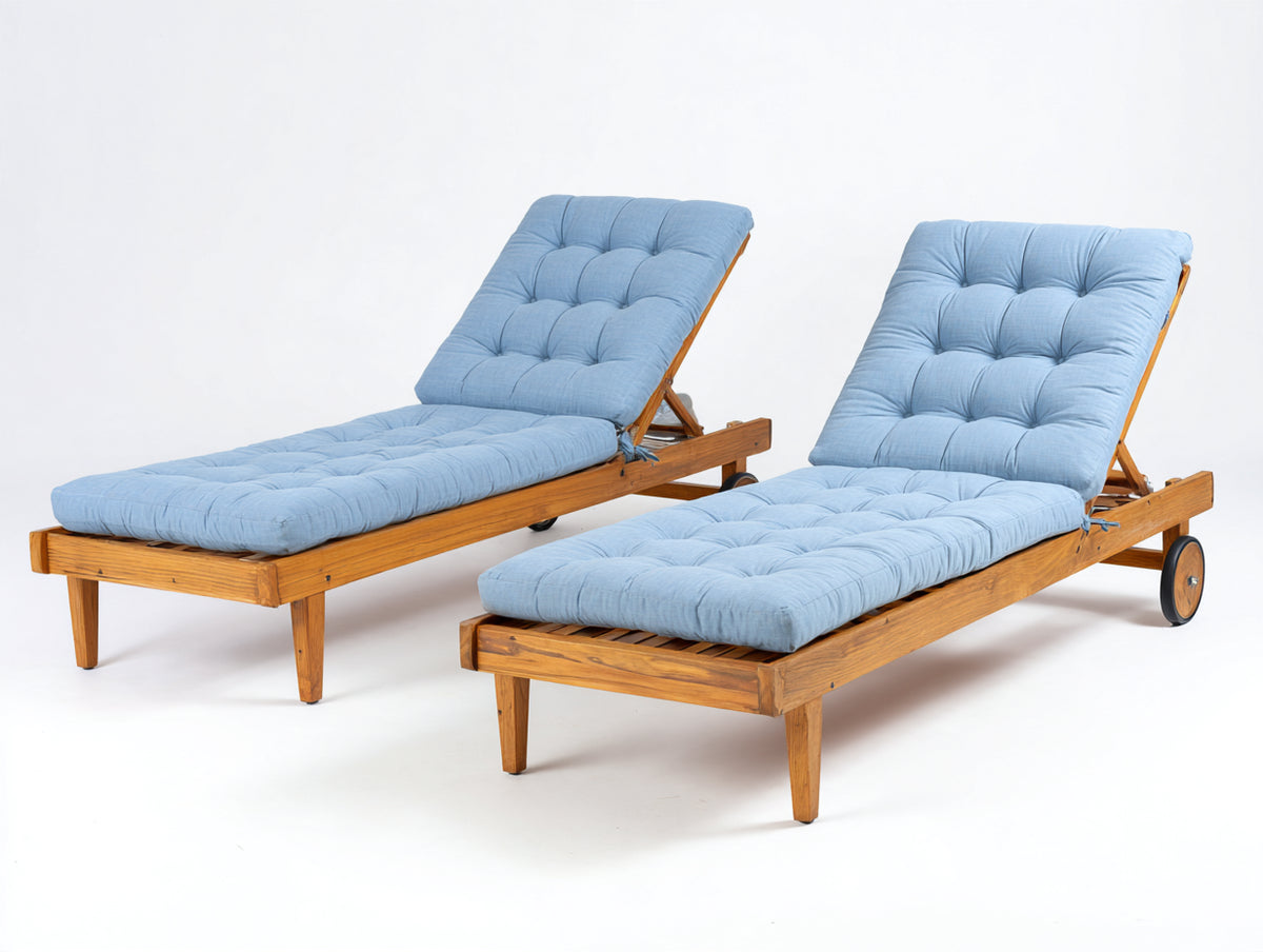 Tumbonas de madera 200 x 70 x 95 cm - azul claro y madera natural - respaldo reclinable con ruedas para jardín
