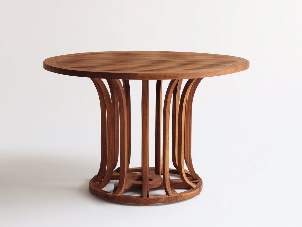 Mesas de jardín de madera maciza 120x120x76 cm - marrón nogal - redonda con base curvada diseño moderno