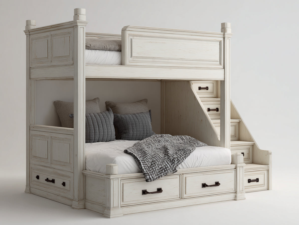 Literas con escalera y almacenamiento - madera 250 x 170 x 220 cm - blanco envejecido - diseño clásico con dos niveles